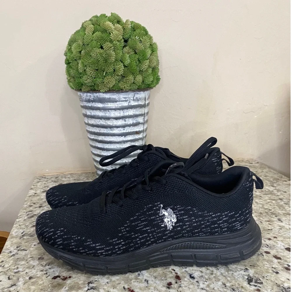 US Polo Assn Womens Black Knit Athletic Sneakers Running Shoes Logo‎ Low Top